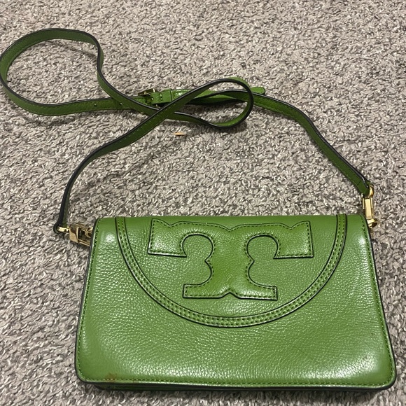 Tory Burch Pebbled Leather Retro Lime Green Logo Crossbody Foldover Purse Bag - Picture 6 of 8
